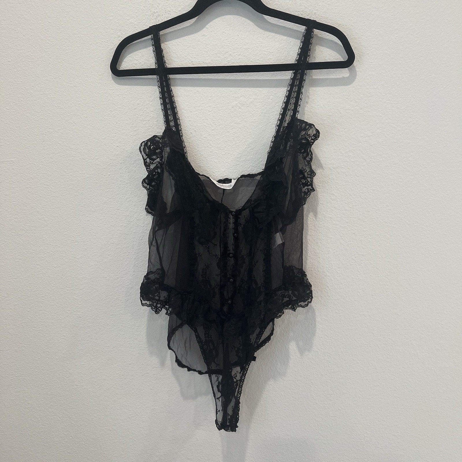 Vintage Sabrina Mervyn’s Sheer Lace Babydoll Teddy Lingerie Black Large USA FF