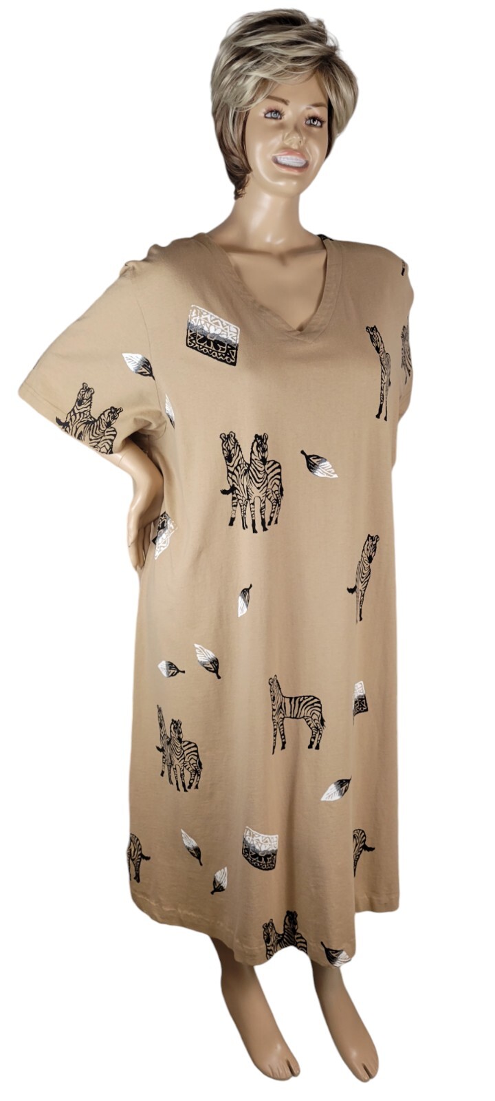 Vintage Copa Cabana Original Tan Safari Black White Zebra Cotton Shirt Dress 4X