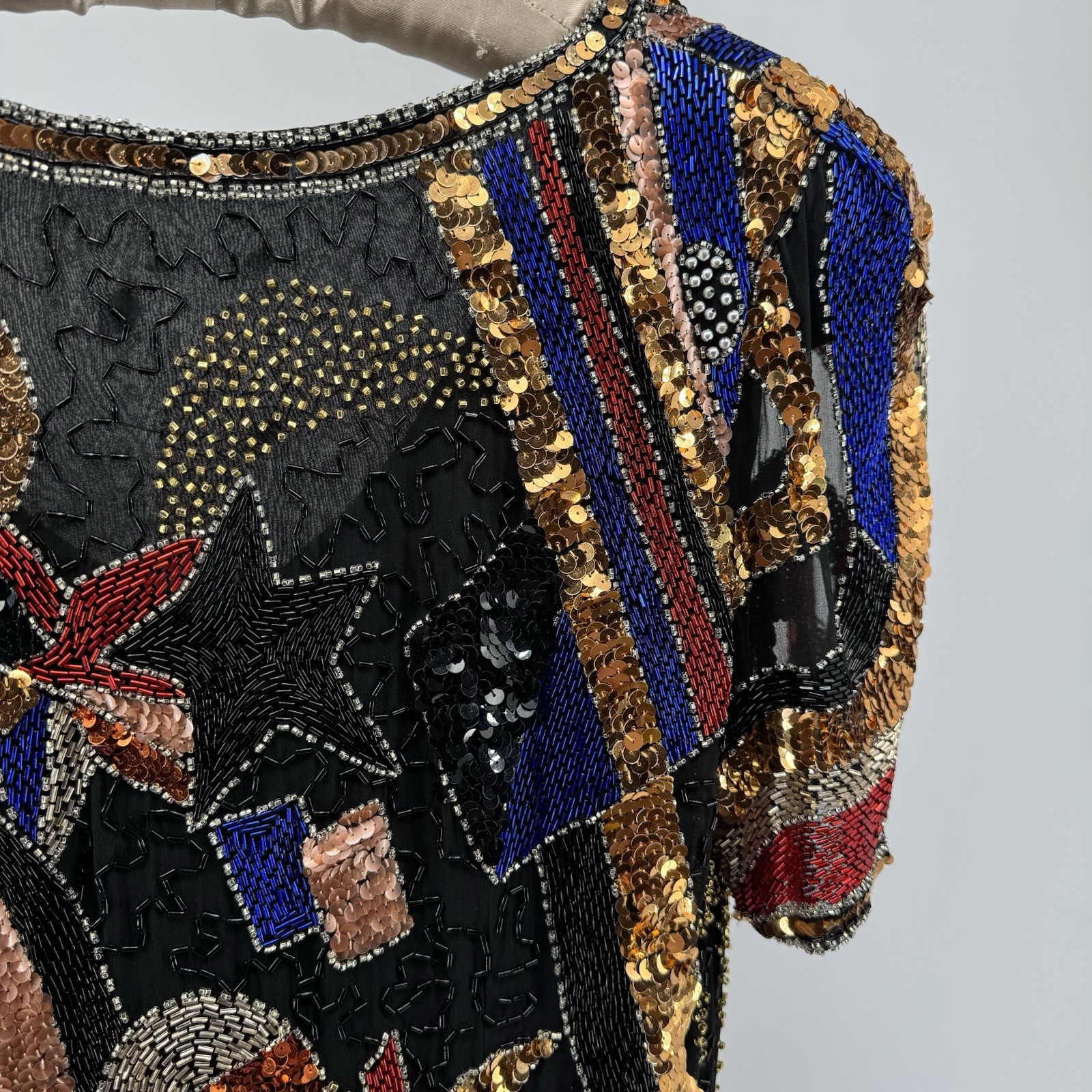 Night Line Laurence Kazar Beaded Sequin Dress 12 VTG 80’s Silk Celestial Art
