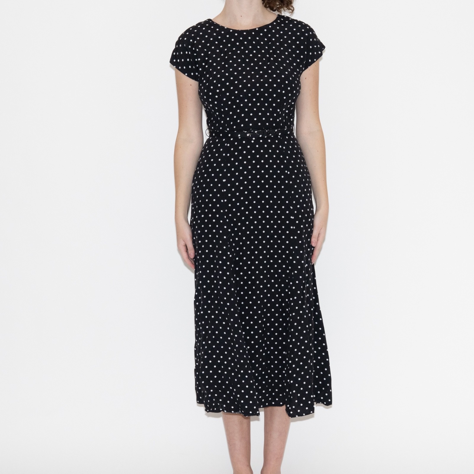 Vintage 80s black polka dot maxi dress size 10 nine 2 nine rayon w/ belt