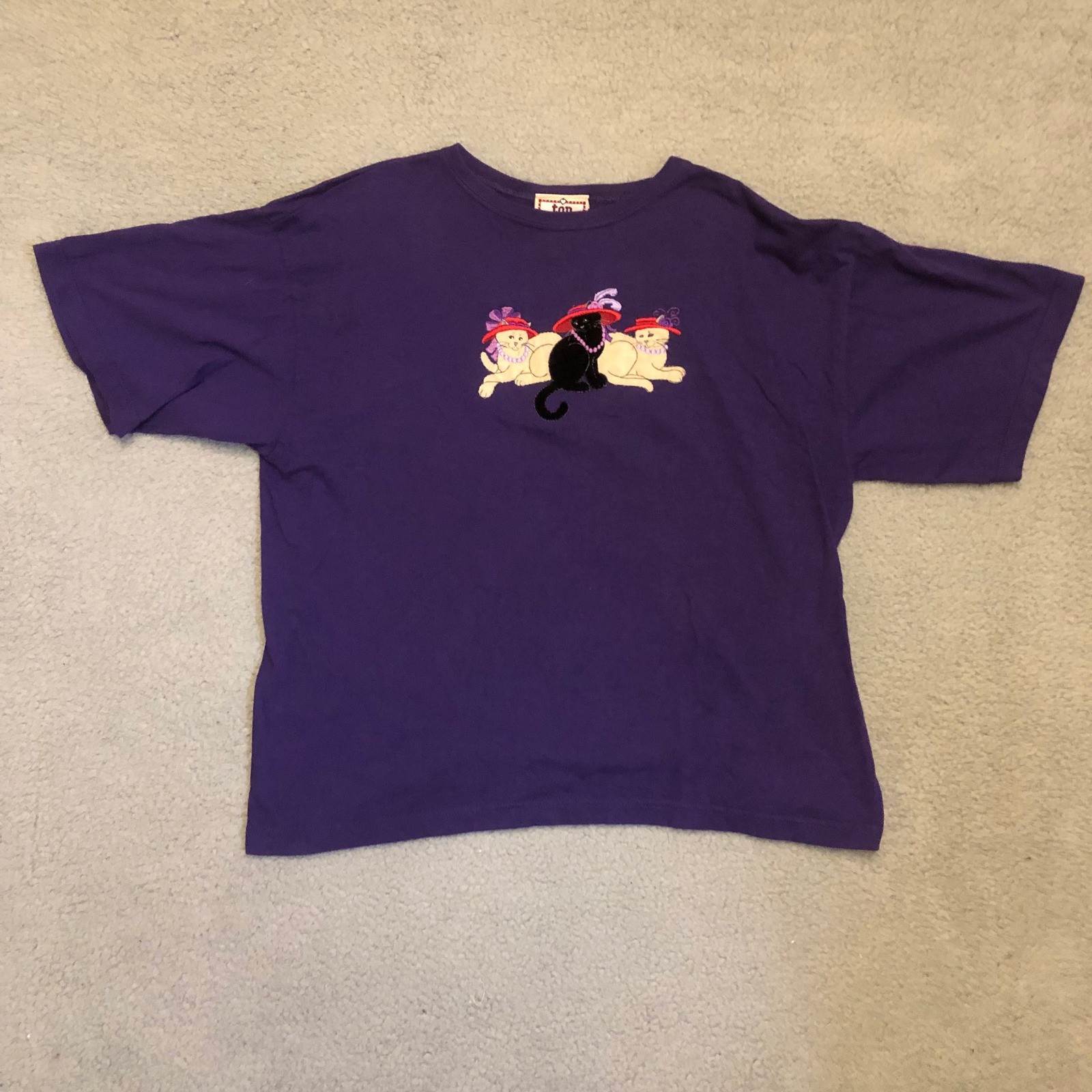 Vtg 90s Top Stitch Morning Sun Purple Cat Embroidery T-Shirt XL Made in USA