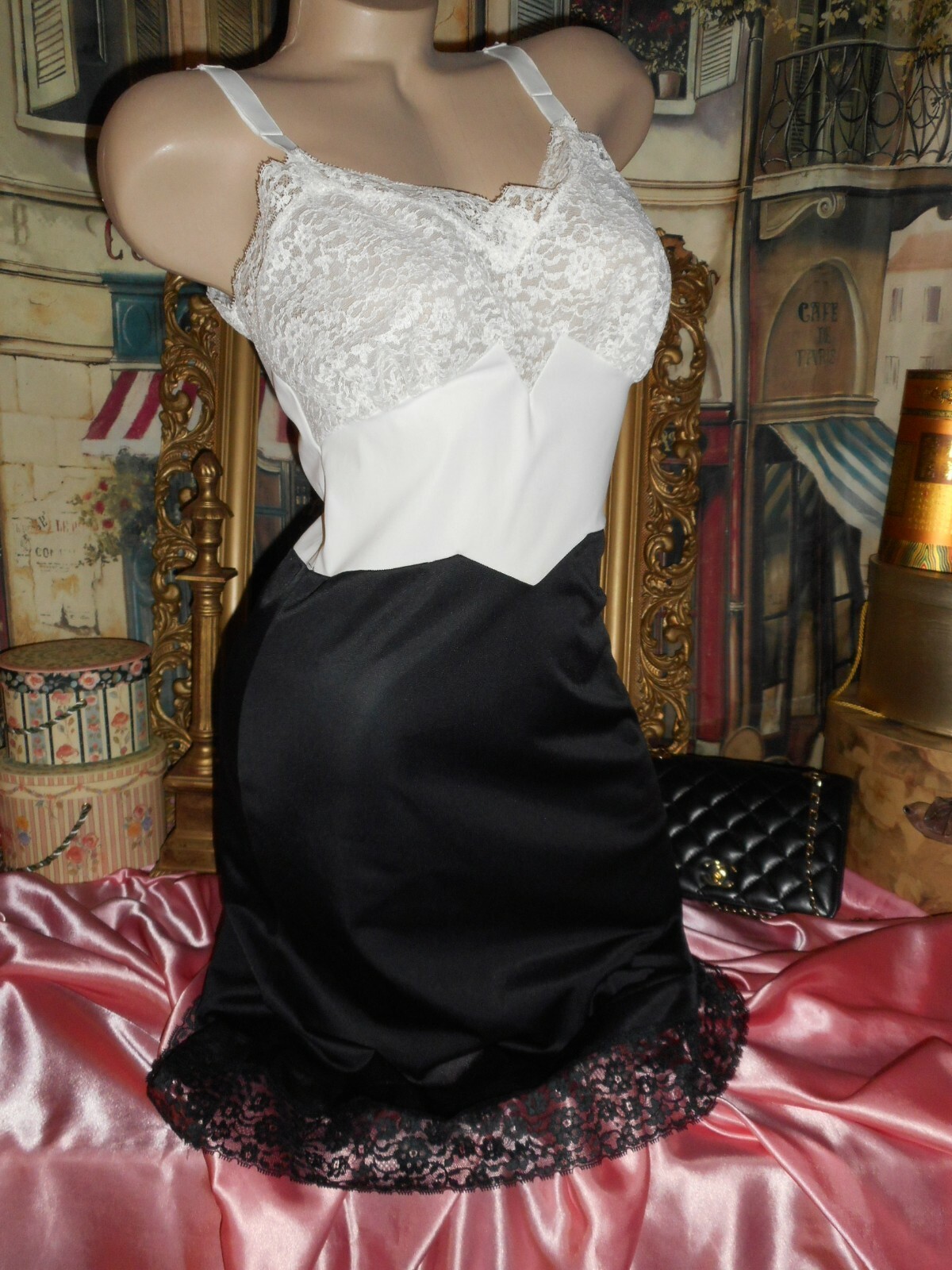 S Black White Tuxedo Full Slip Van Raalte & Polka Dot Chiffon Scarf & Headband