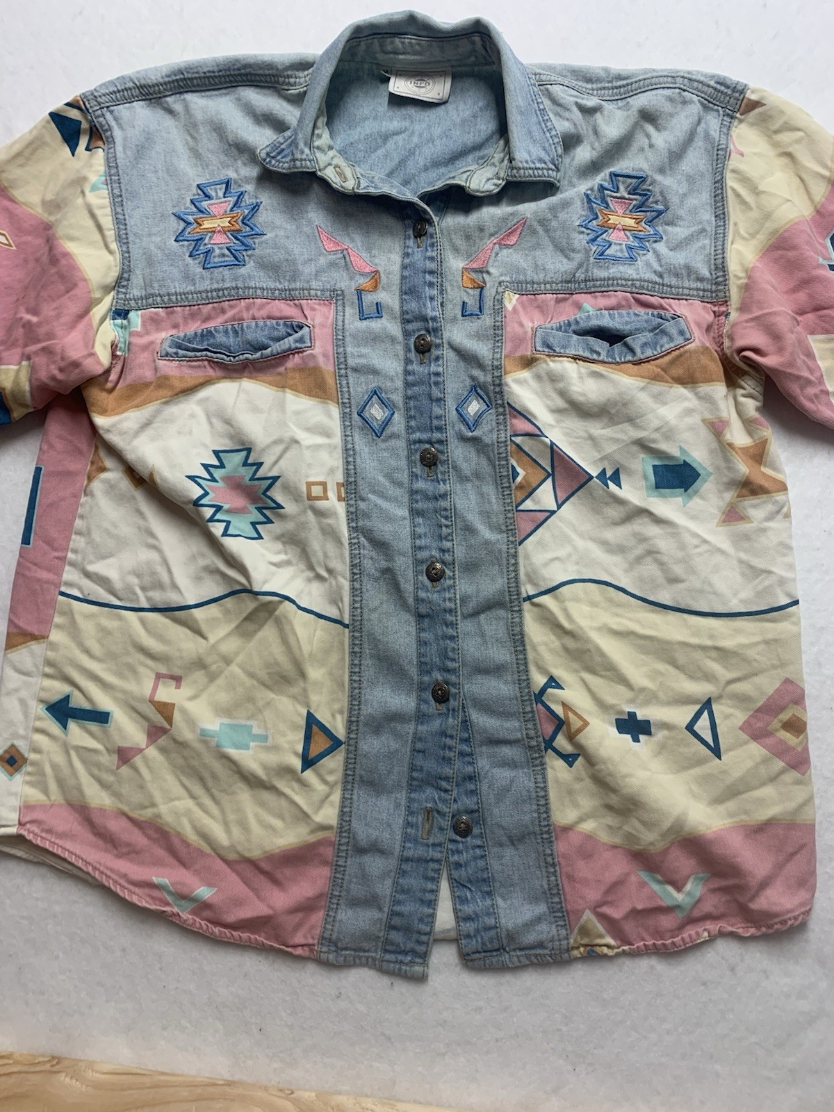 Vintage 90s INFO USA Denim Southwestern Aztec Patchwork Shirt Womens M Western