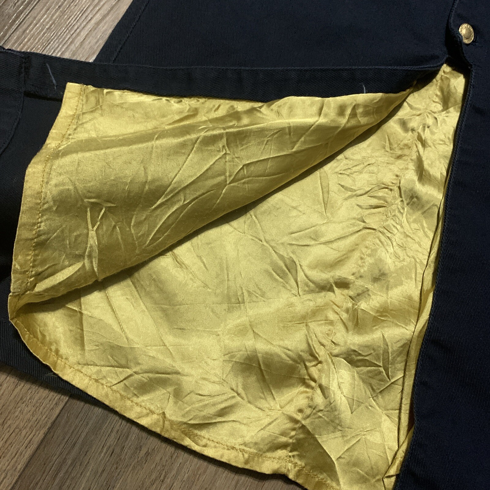 VTG Get Used by Elie Denim Pencil Skirt Size 31 Navy Blue Gold Satin Wings Star