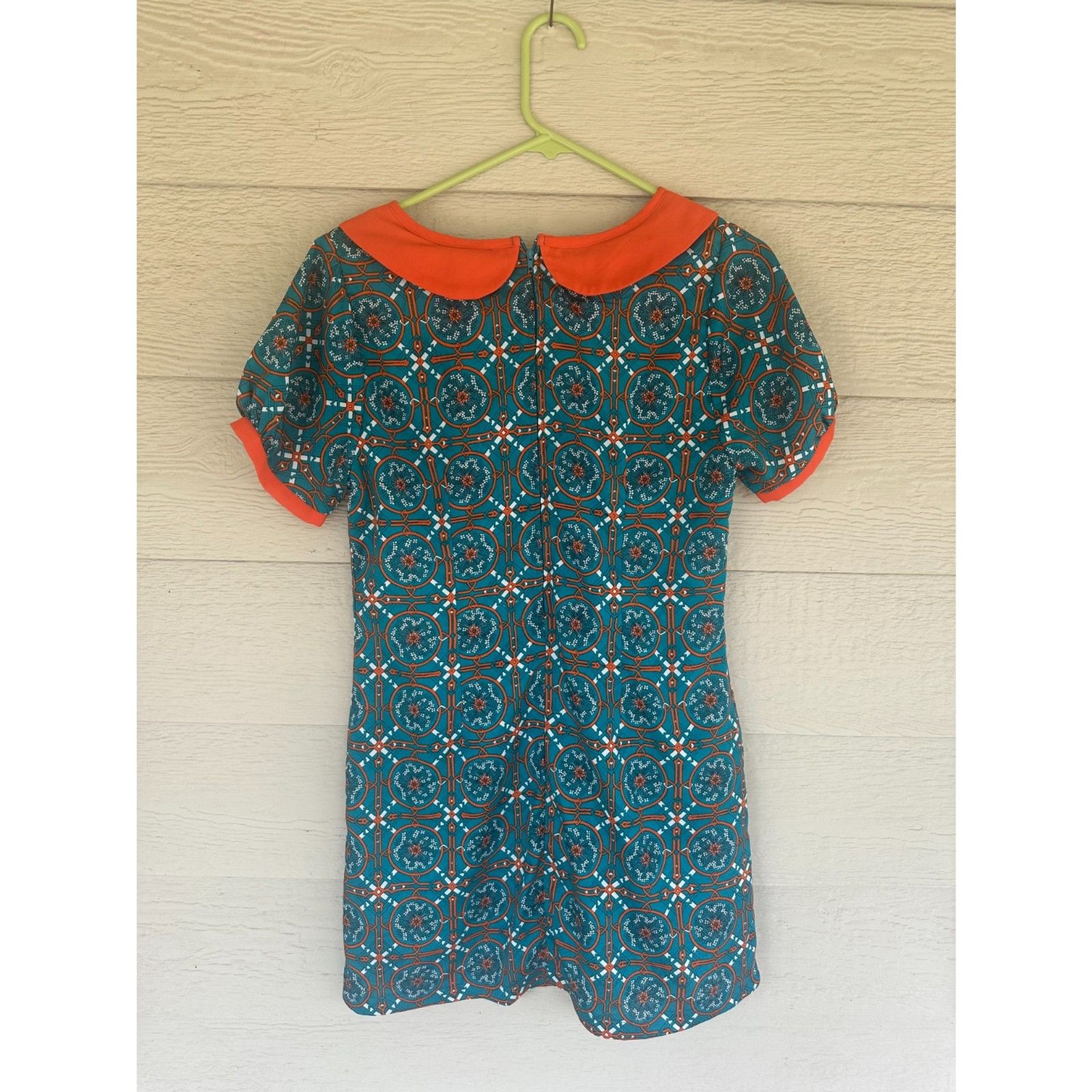 Mono B Retro Mod Geometric Peter Pan Collar Mini Shift Dress Teal Orange – M