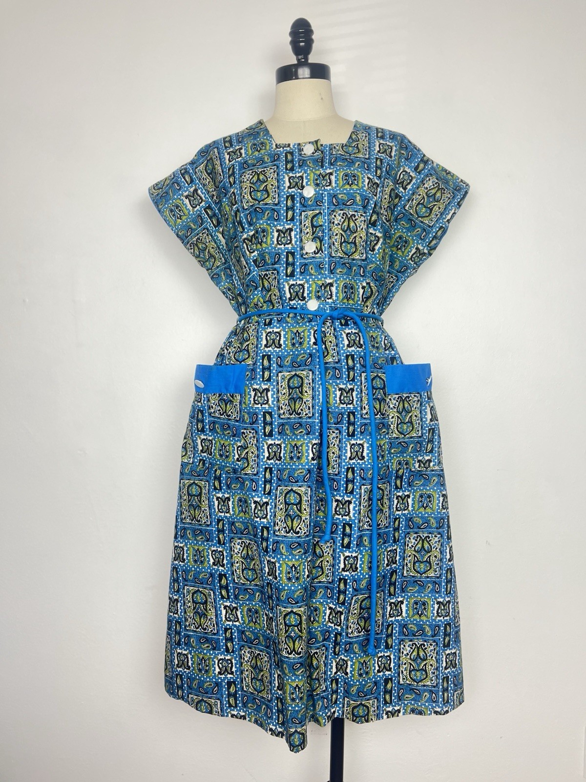 DEADSTOCK 40s 1940’s Vintage Paisley Print Cotton Tie Belt Day Dress XL 46 Bust