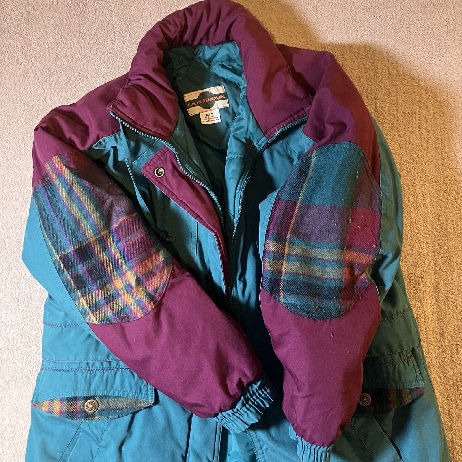 Vintage Out Brook Jacket Plaid Patches Teal Women’s Coat Size Medium