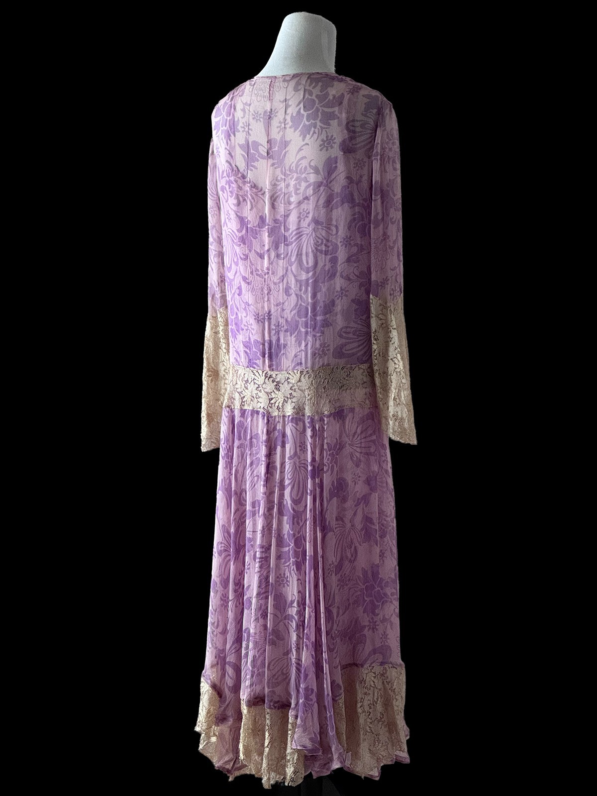 Vintage 20s Dress, 1920s Silk Chiffon and Lace 2 Piece Lavender Dress Set, S/M