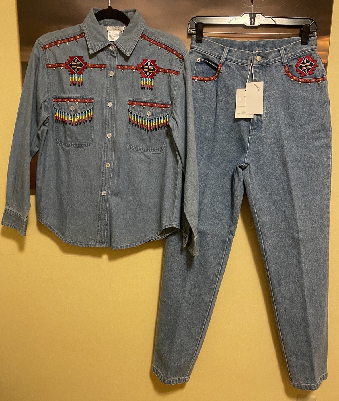 VTG 80s 90s NWT Lew Magram Denim South western Studded Beaded Top M Pants 8 Set