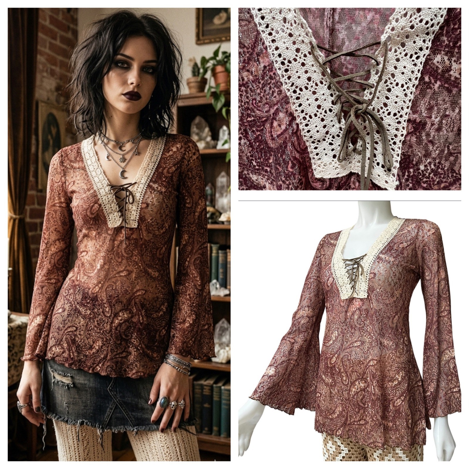 Vtg 90s Bisou Bisou Paisley Lace Bell Sleeve Top Boho S Whitchy Whimsygoth USA