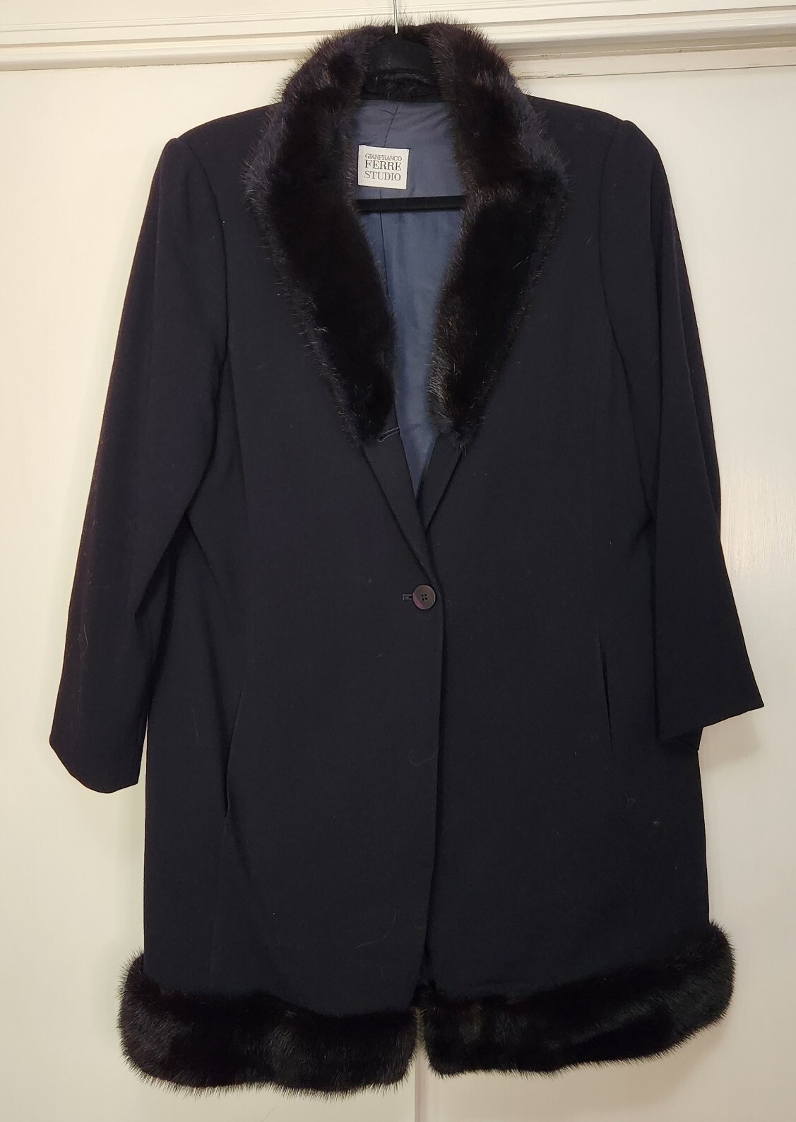 GianFranco Ferre 1980s Vintage Black Long Wool Dress Coat w Fur Trim ALTERED M/L