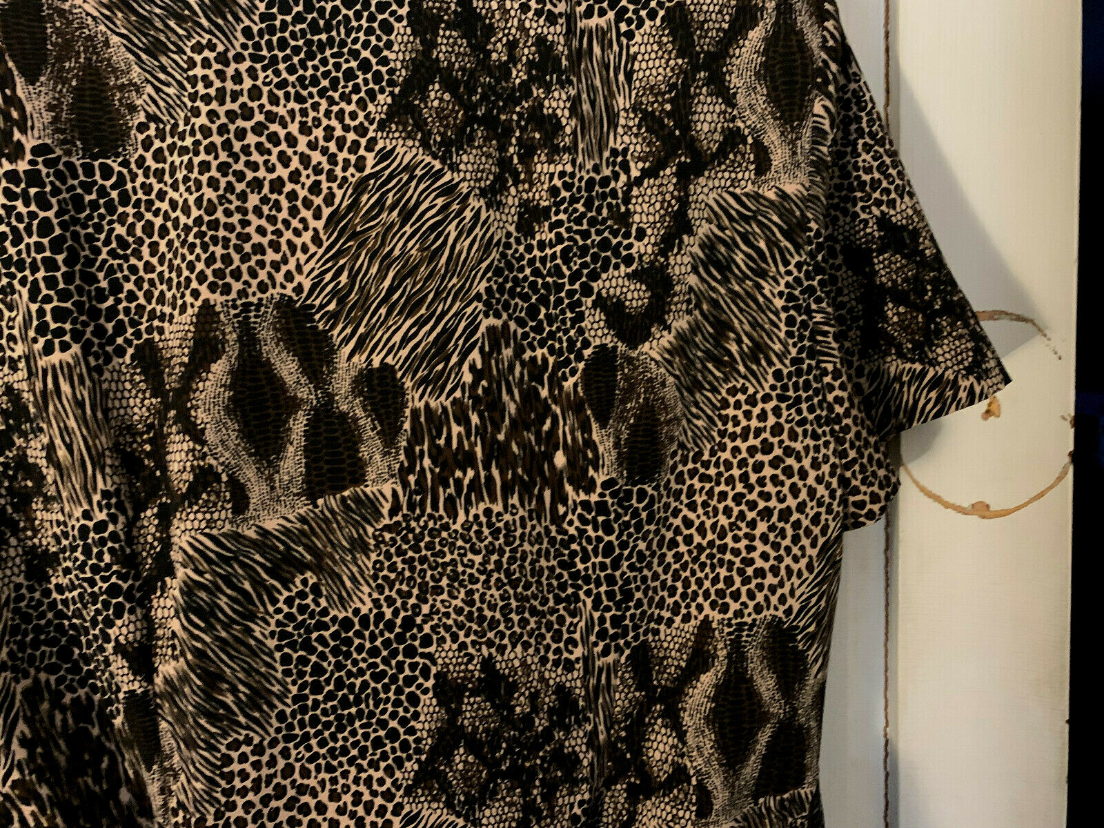 90s vtg Y2K Mob Wife Dress Jungle Print Peplum Brown Black Belt M-L Bust=36