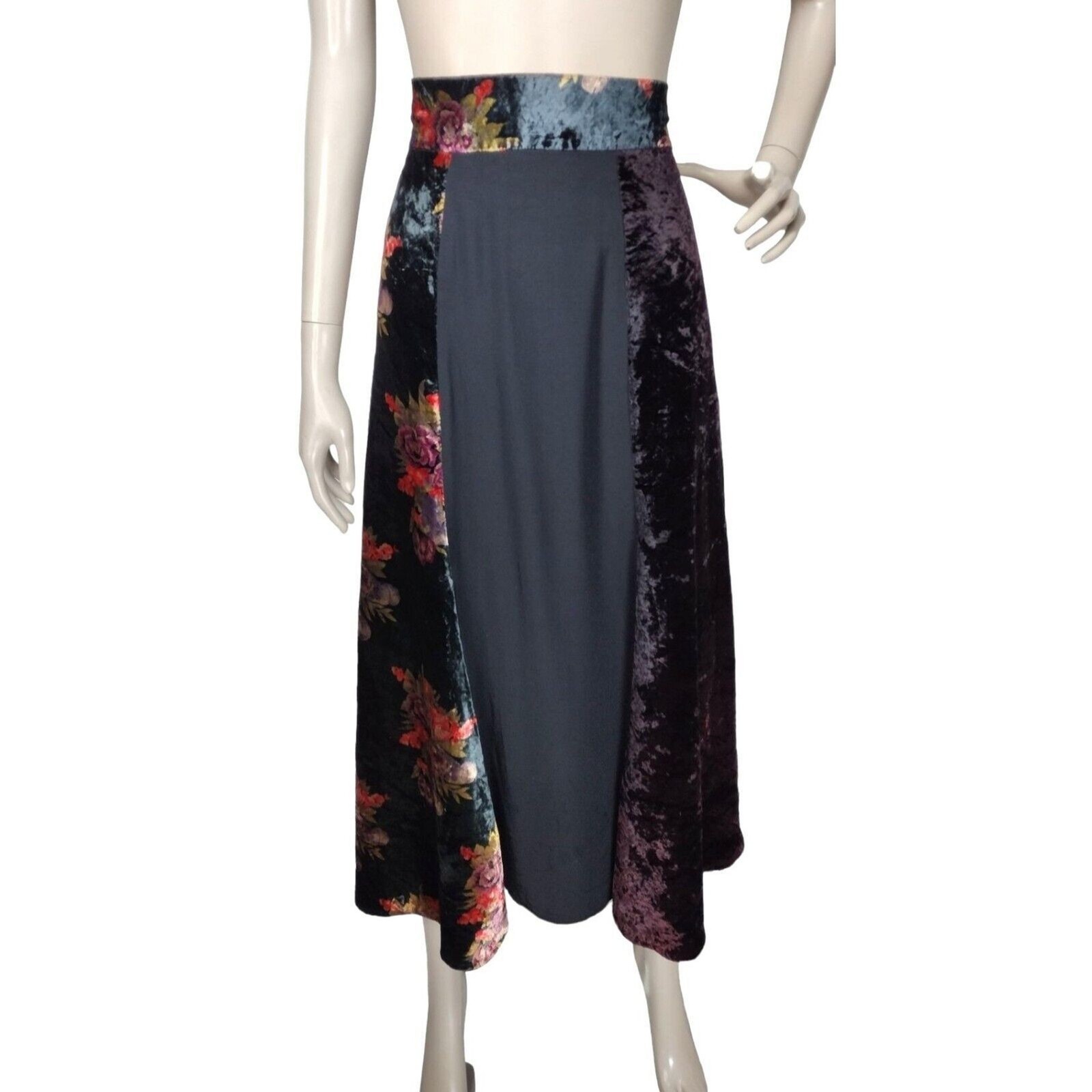 Vintage 90s Black Velvet Burgundy Floral Paneled Gypsy Bohemian Long Maxi Skirt