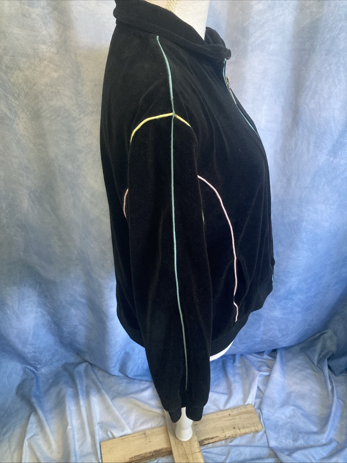 Vtg 90s Y2K Blast Sport Black Velour Track Jacket Pastel Piping Zip Petite Large