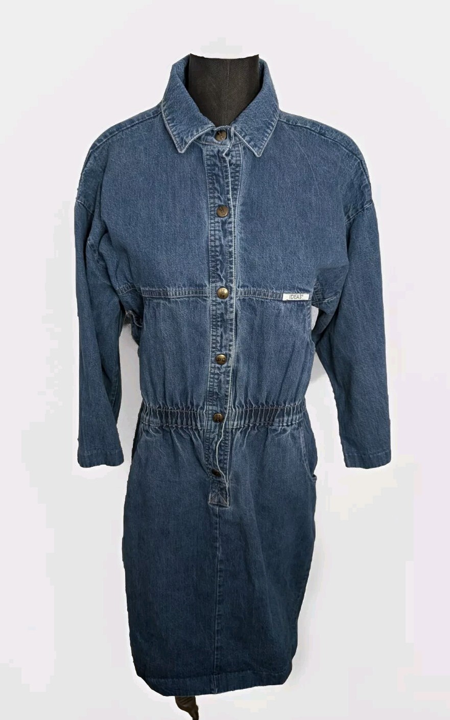 Vintage 1980s IDEAS Denim Jumpsuit Made In USA Medium Excellent Snap 3/4 Sleeves