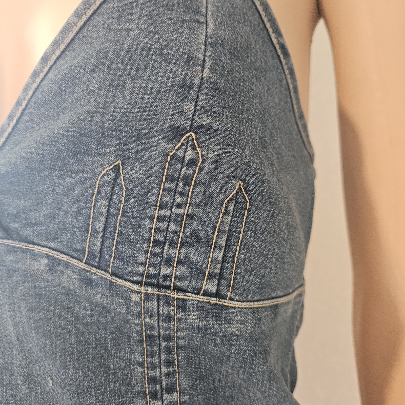 Vintage Y2K Denim Halter Top Side Brass Zipper European Size 38 Boho Western