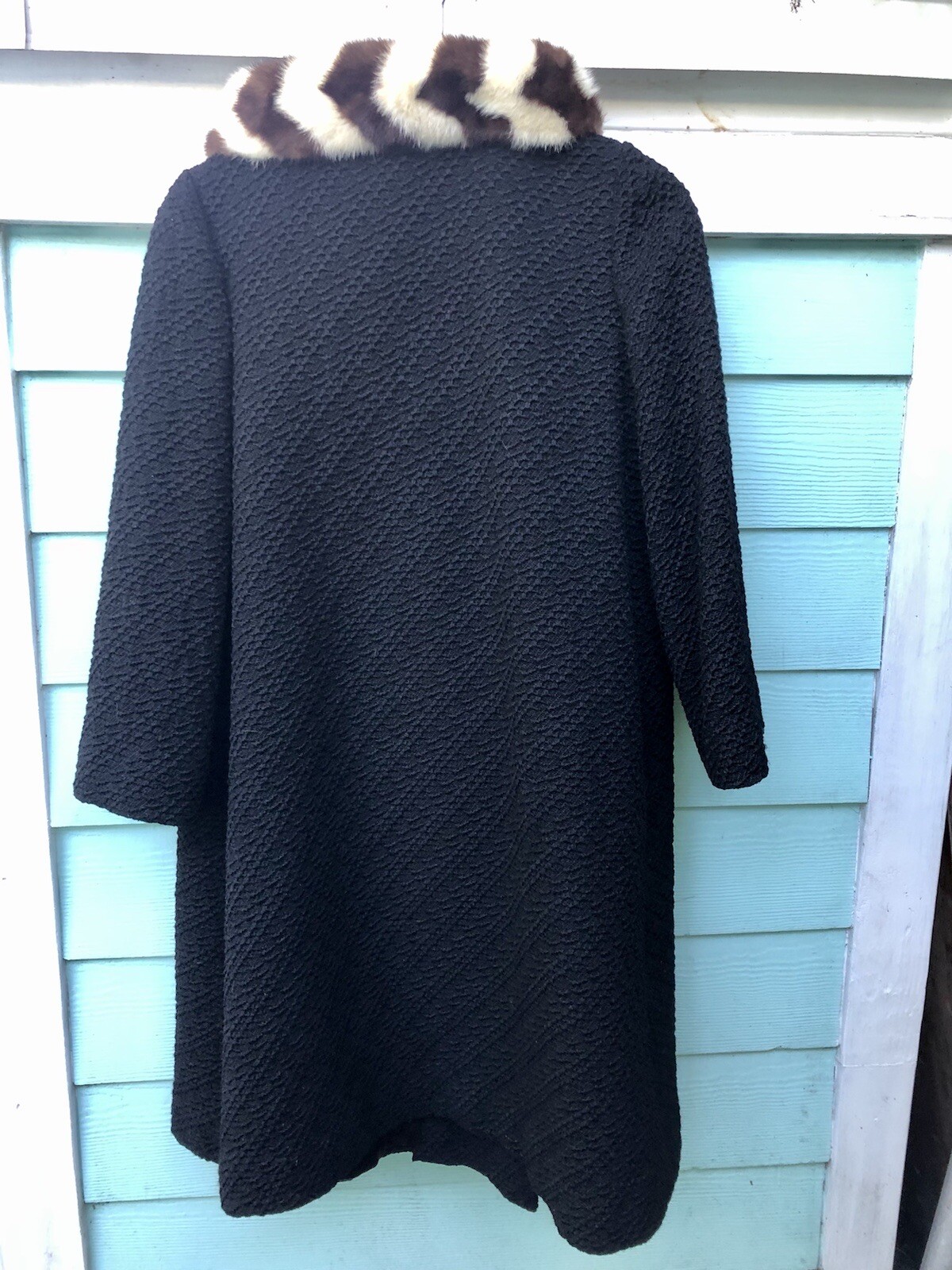 Vtg MCM Black Coat Stripe 2 Tone Fur Collar Swing Textured OOAK Glam Mid Century