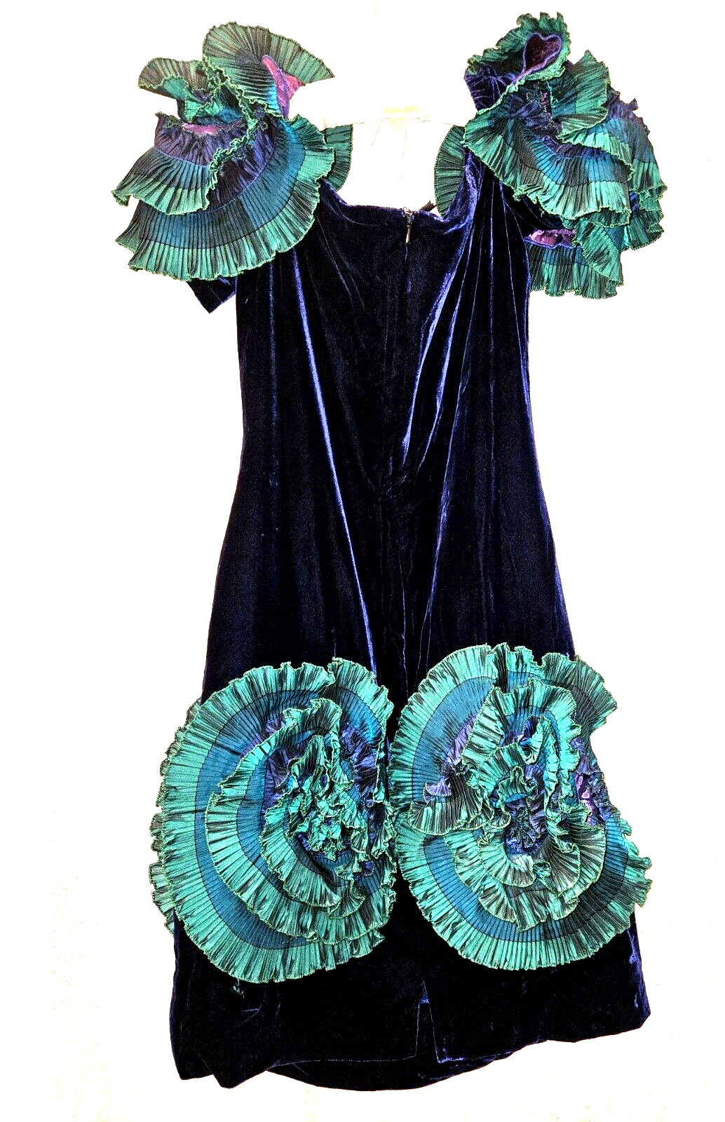 Zandra Rhodes 1980s vntg fabulously frilled silk velvet acetate frock free ship