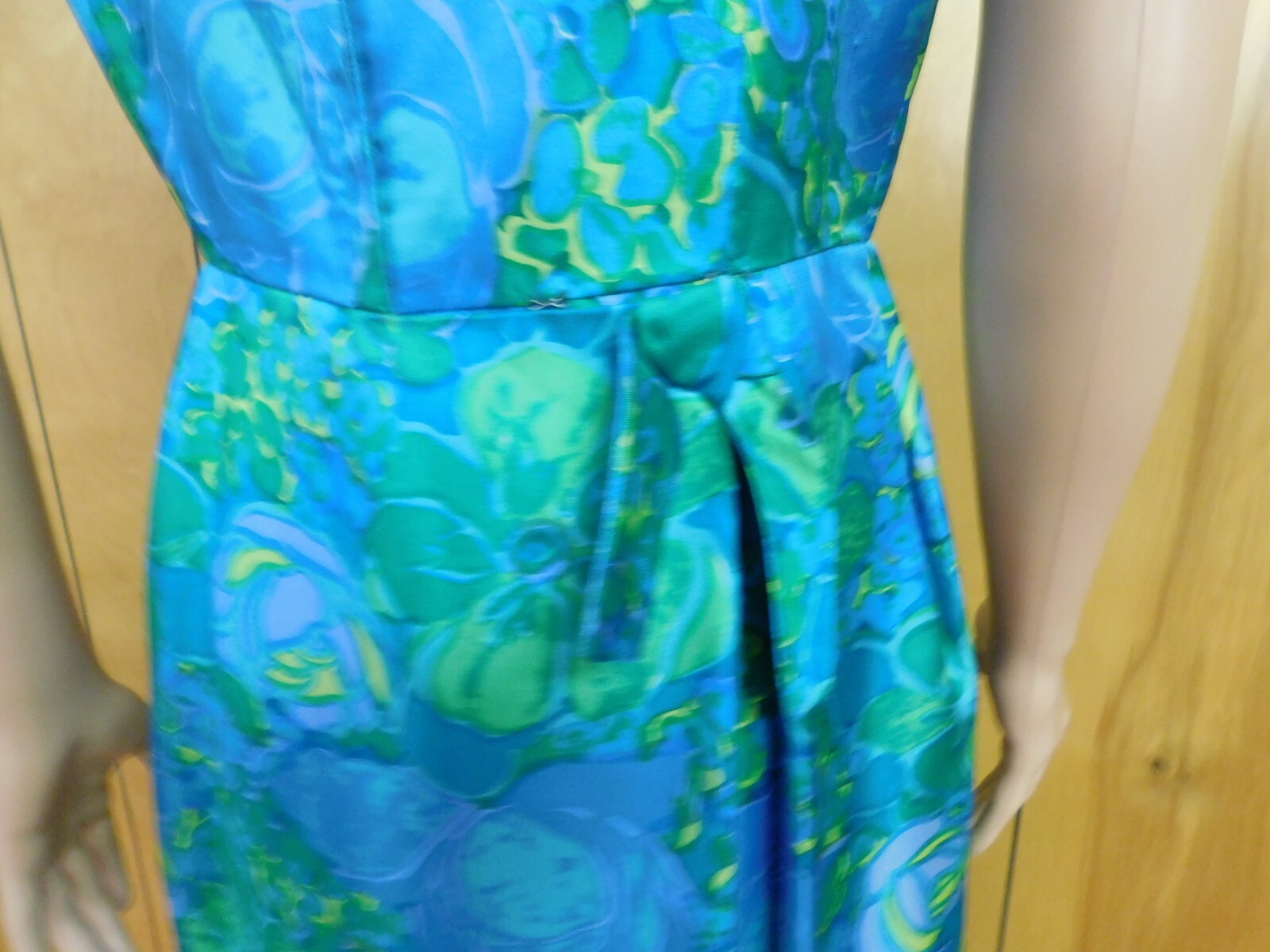 Vintage 70’s Blue Green Yellow Satin Evening Gown Pencil Dress Waist 29″*