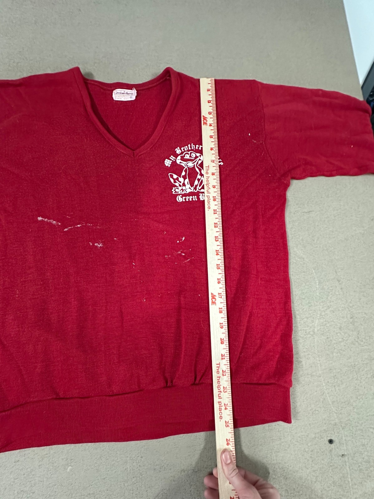 Vtg 1960’s Creslan Rayon My Brothers Place Green Bay Sweater XL Red Frog V-Neck
