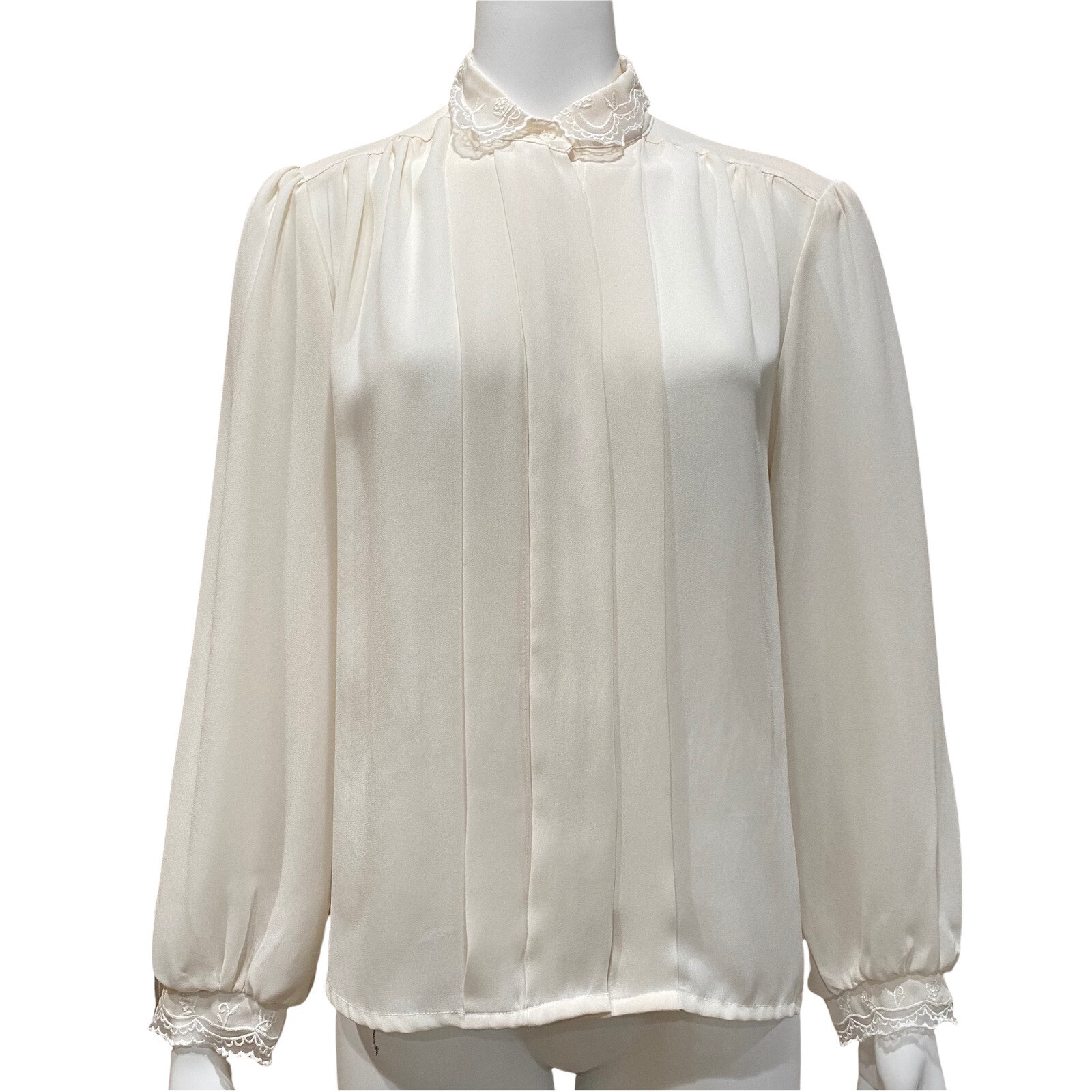 Vintage Pleated Ivory Blouse Lace Collar Pad Shoulder 9/10