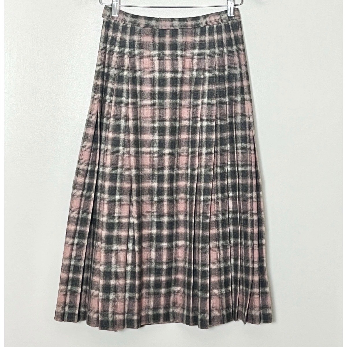 Vintage Pendleton Skirt 6P Pink Grey Plaid Wool Pleated Midi 90s Made in USA