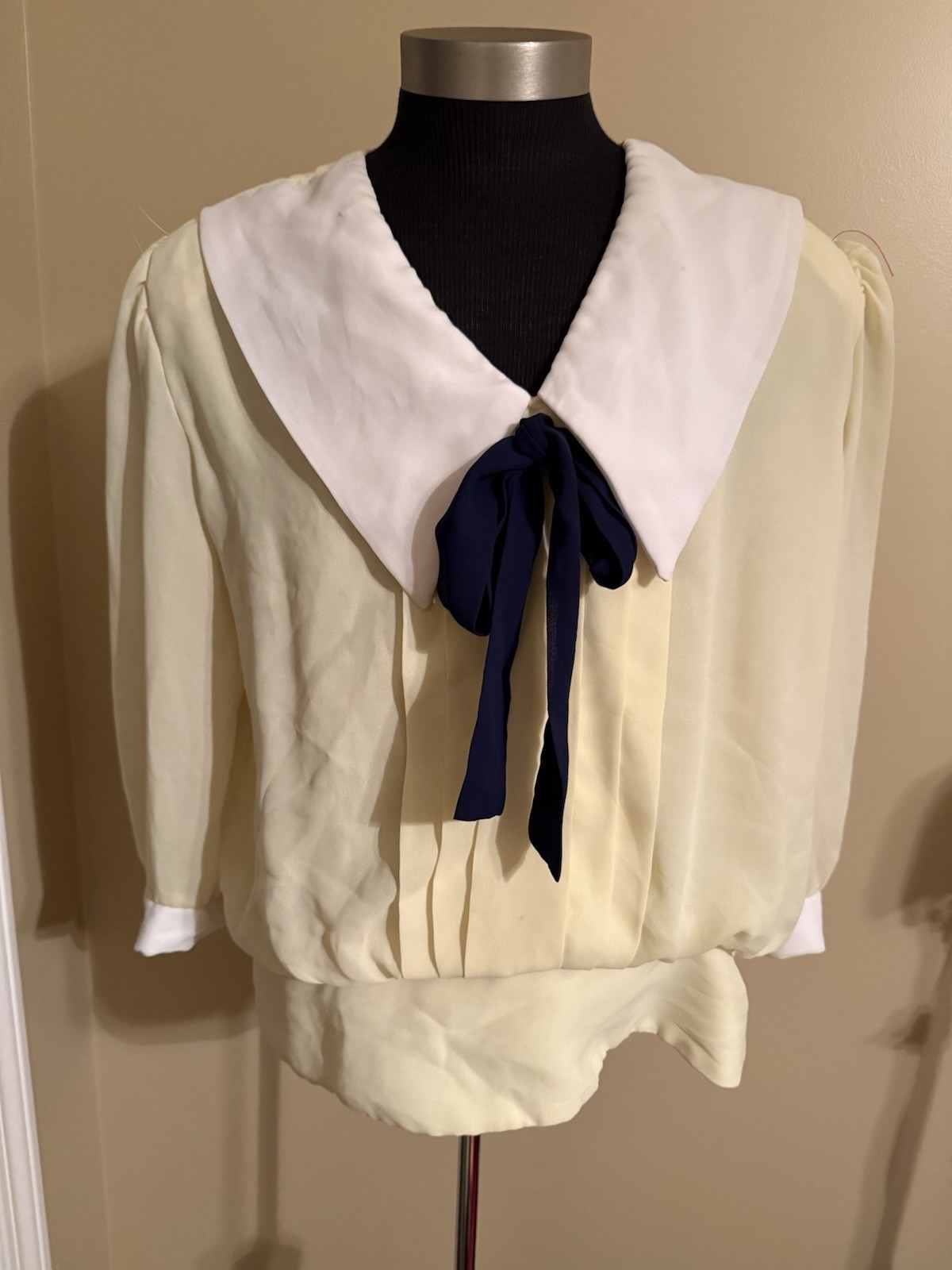 Vintage 70-80 Sailor Collar Pale Yellow White Collar Navy Blue Bow Blouse Size L