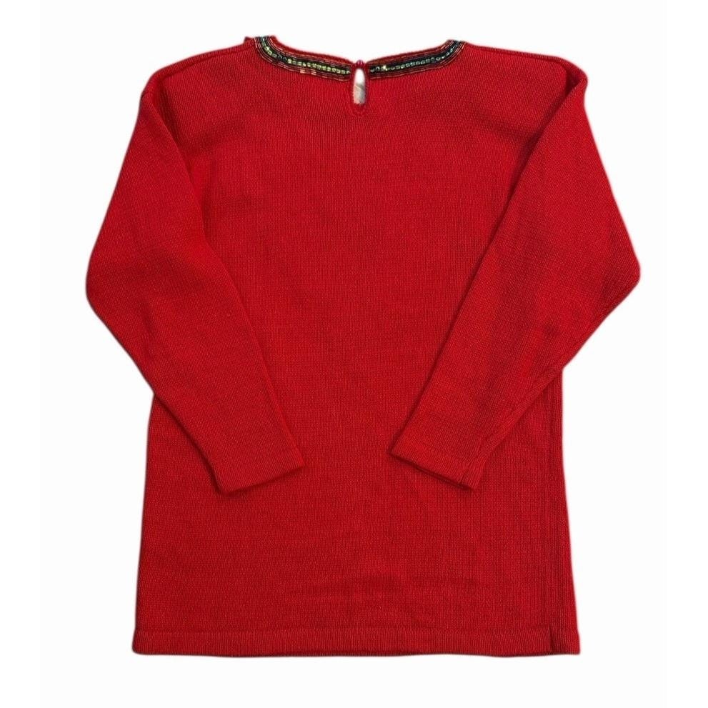 Vintage Eminent 80s Beaded Sweater S Red 3D Sequin Floral Statement Glam Top
