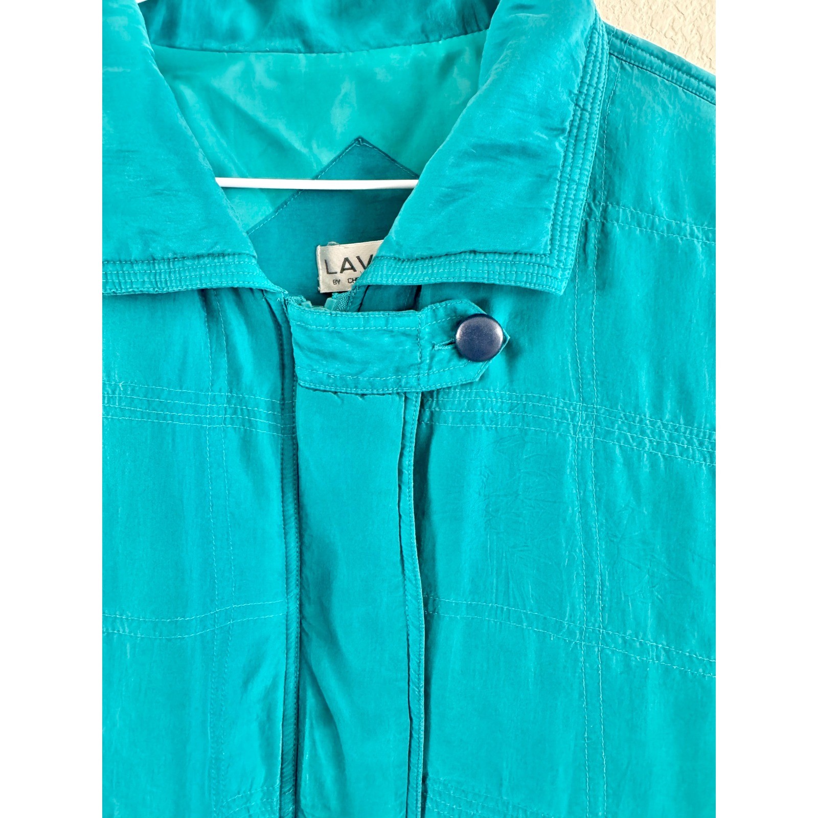 Lavon Silk Bomber Jacket Womens Medium Teal Vintage 80s Grid Stitched Zip Up