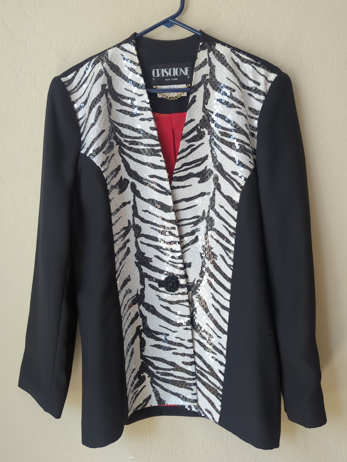 Vintage Woman Sz L Criscione New York Black Blazer Sequin Lined Zebra Design USA