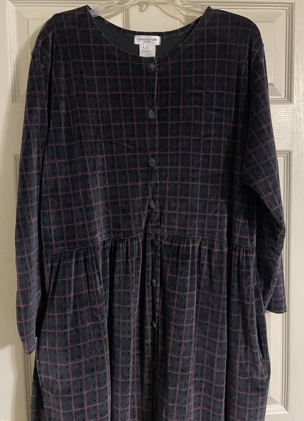 Vtg 1990s Jones New York Sport Maxi Dress Women’s 1X Black Velour Windowpane