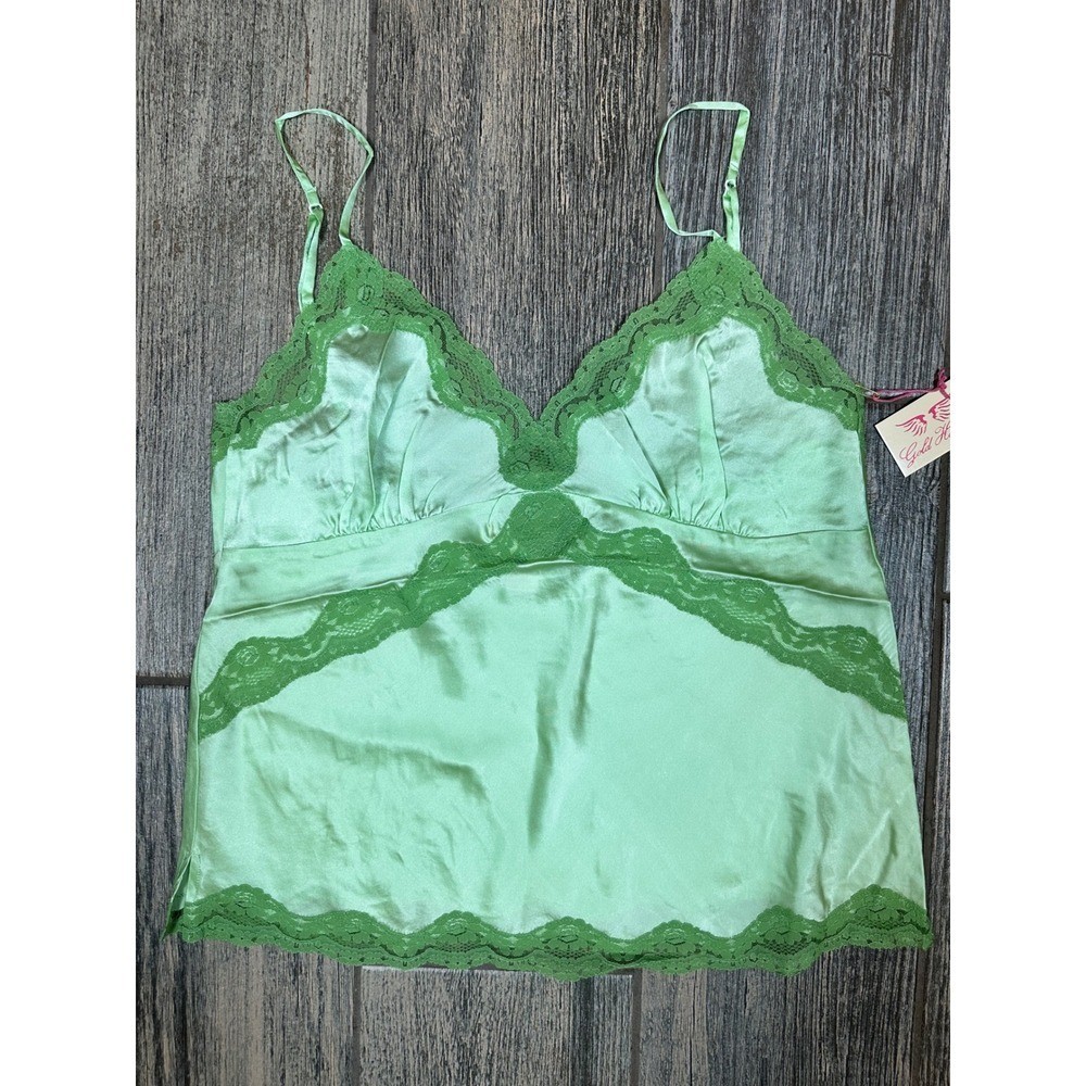 Gold Hawk Lime Sherbet Silk Cami Top Lace Trim Sleeveless Lingerie