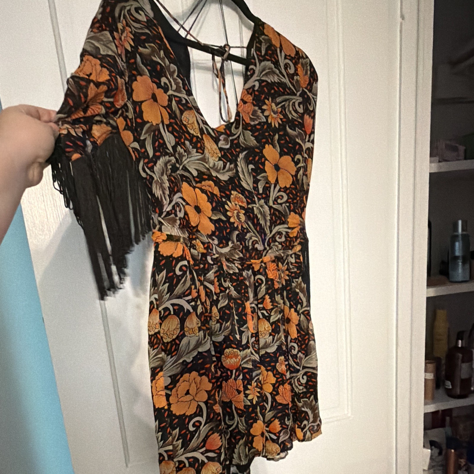 We The Free Floral Fringe V-Neck Short Sleeve Tie Dress