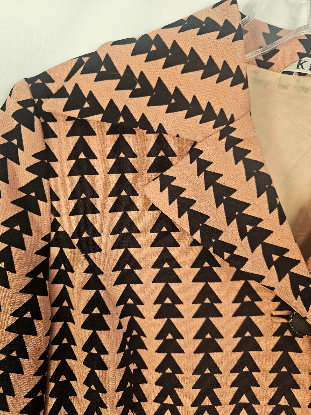 Vintage S/M Pink and Black Geometric Pattern 70s Collar Dress with Belt