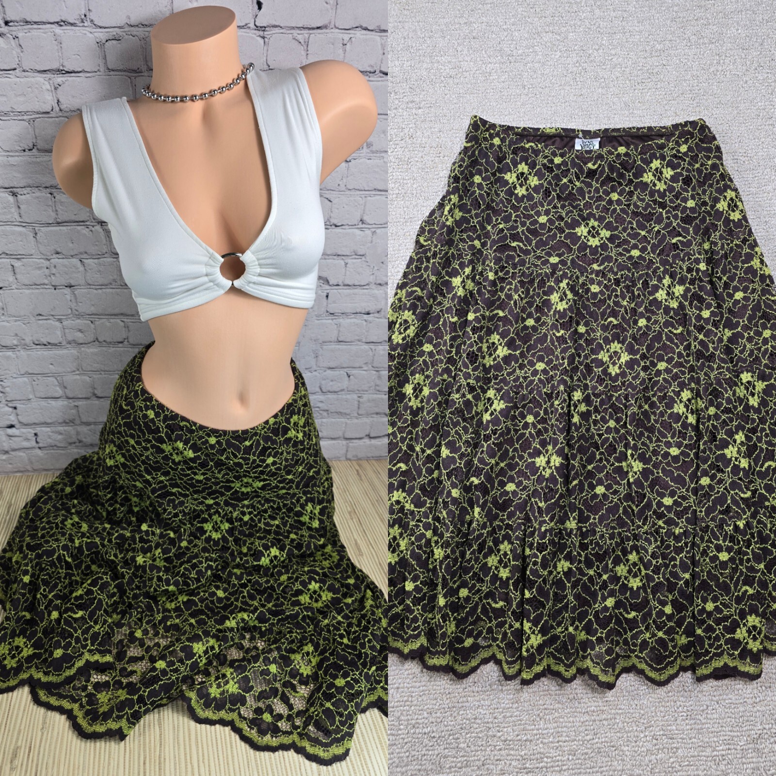 Vintage 90s Y2K 2000 Medium Skirt Lime Green Brown Flowey Mesh Festival Hippie