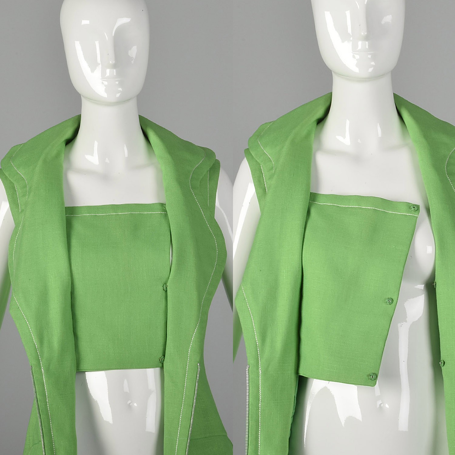 M Geoffrey Beene Green Dress 1960s Mod Zip Front Pocket Linen Shirtdress 60s VTG