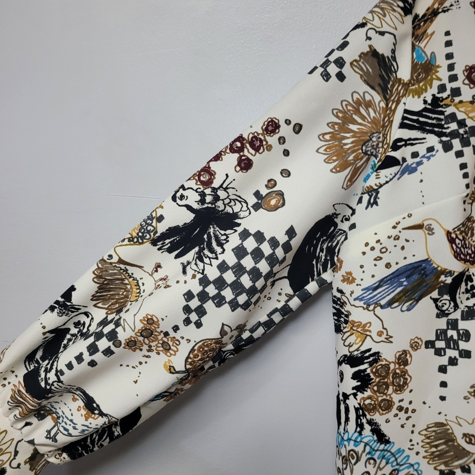 Lanie J Vintage Bird Checkerboard Print Button Up Blouse White Multi 70s Retro