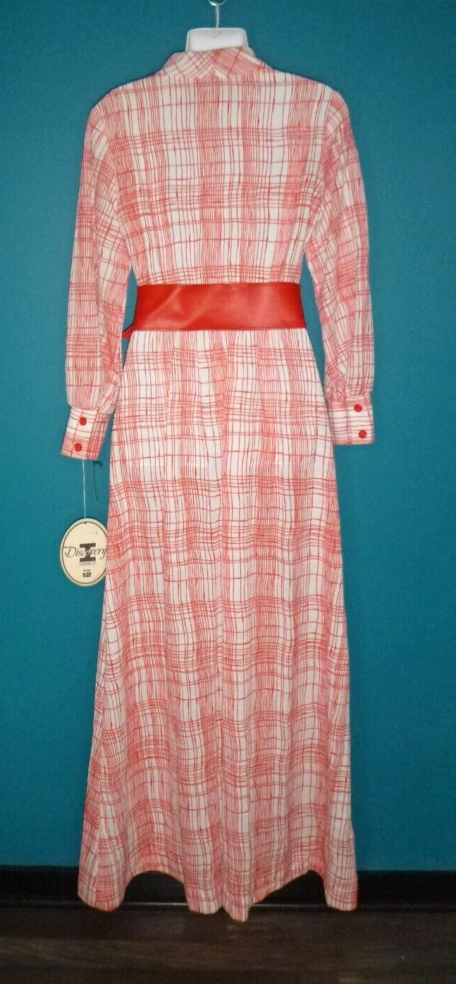 NWT Vtg 70s Discovery I Red White Plaid Poly Maxi Dress W/ WIDE Belt Sz 12 NOS