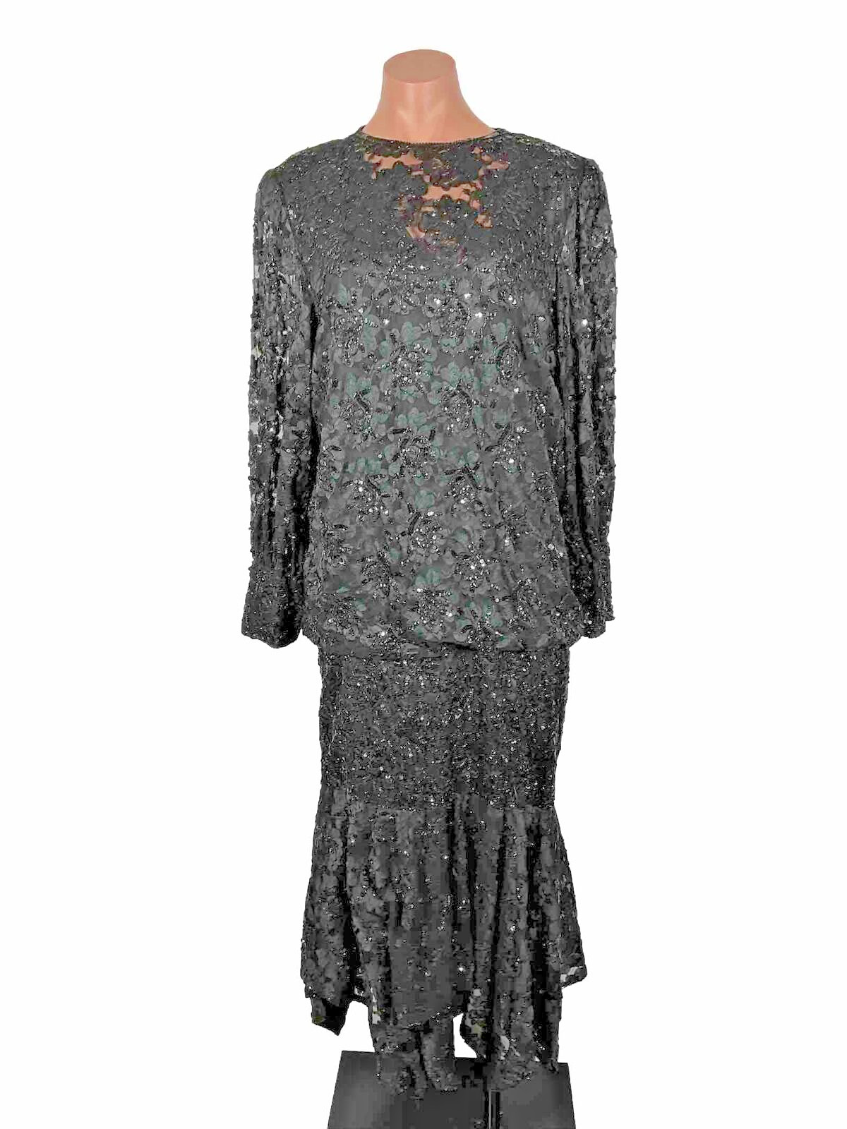 Creative Creations Vintage 80s Sequin Beaded Puff Sleeve Illusion Neck Blouson L