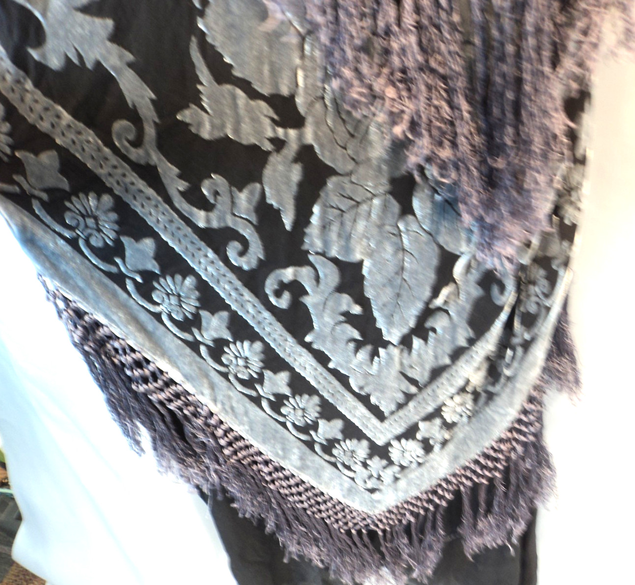 Vintage Aris A Y2K Silk Blend Burnout Velvet Fringe Maxi Dress Sz L