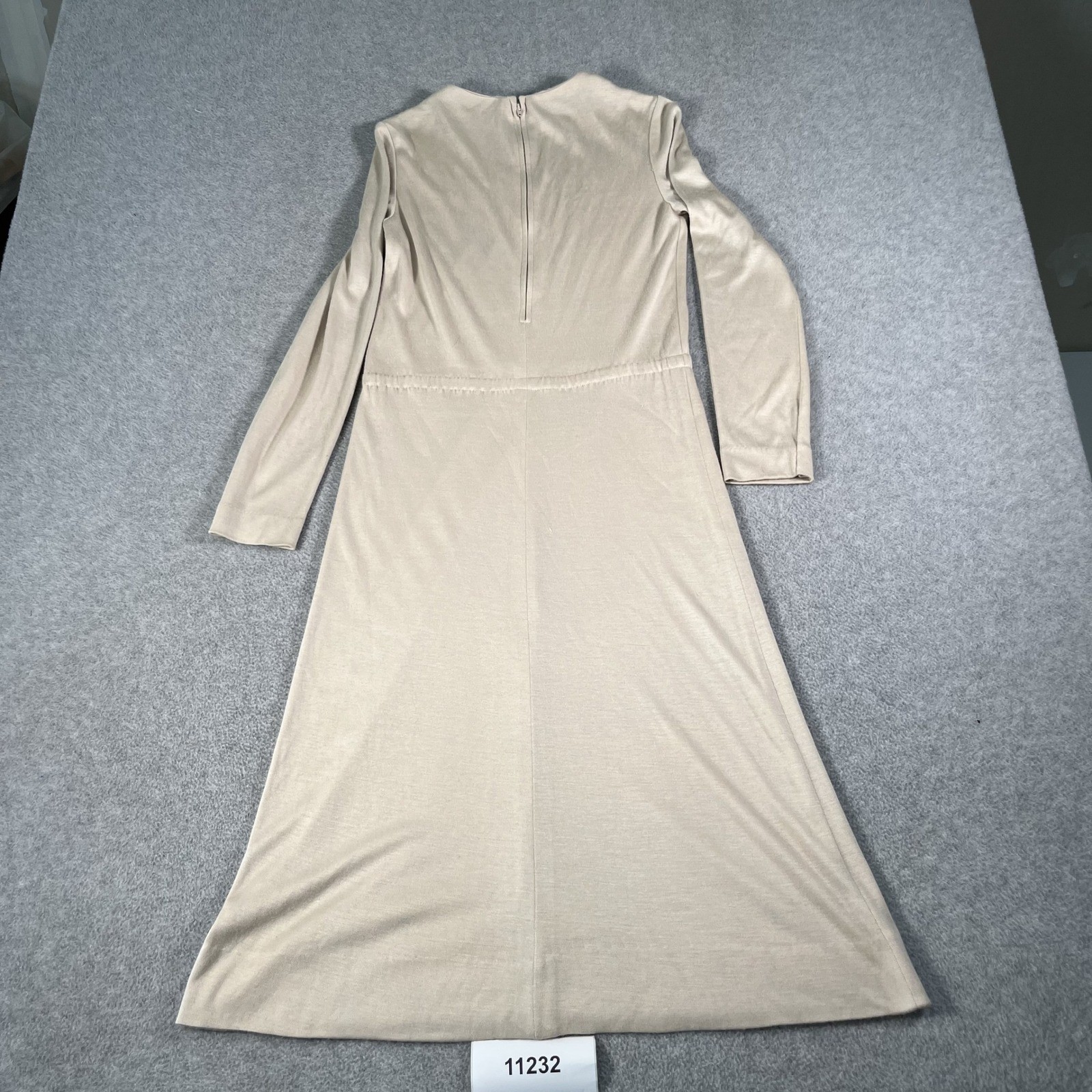 Vintage Tanner Beige Ribbed Pintuck Long Sleeve Midi Dress Womens Size 10
