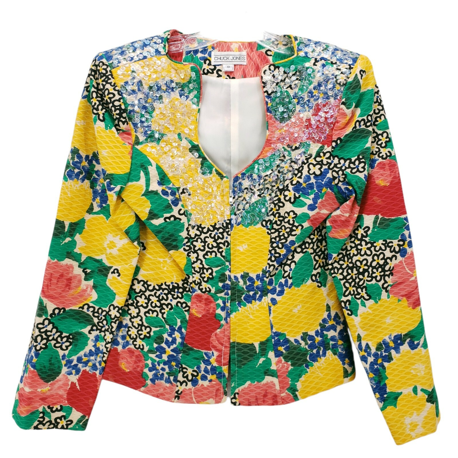VINTAGE Chuck Jones Sequin Colorful Floral Blazer Jacket Size 8