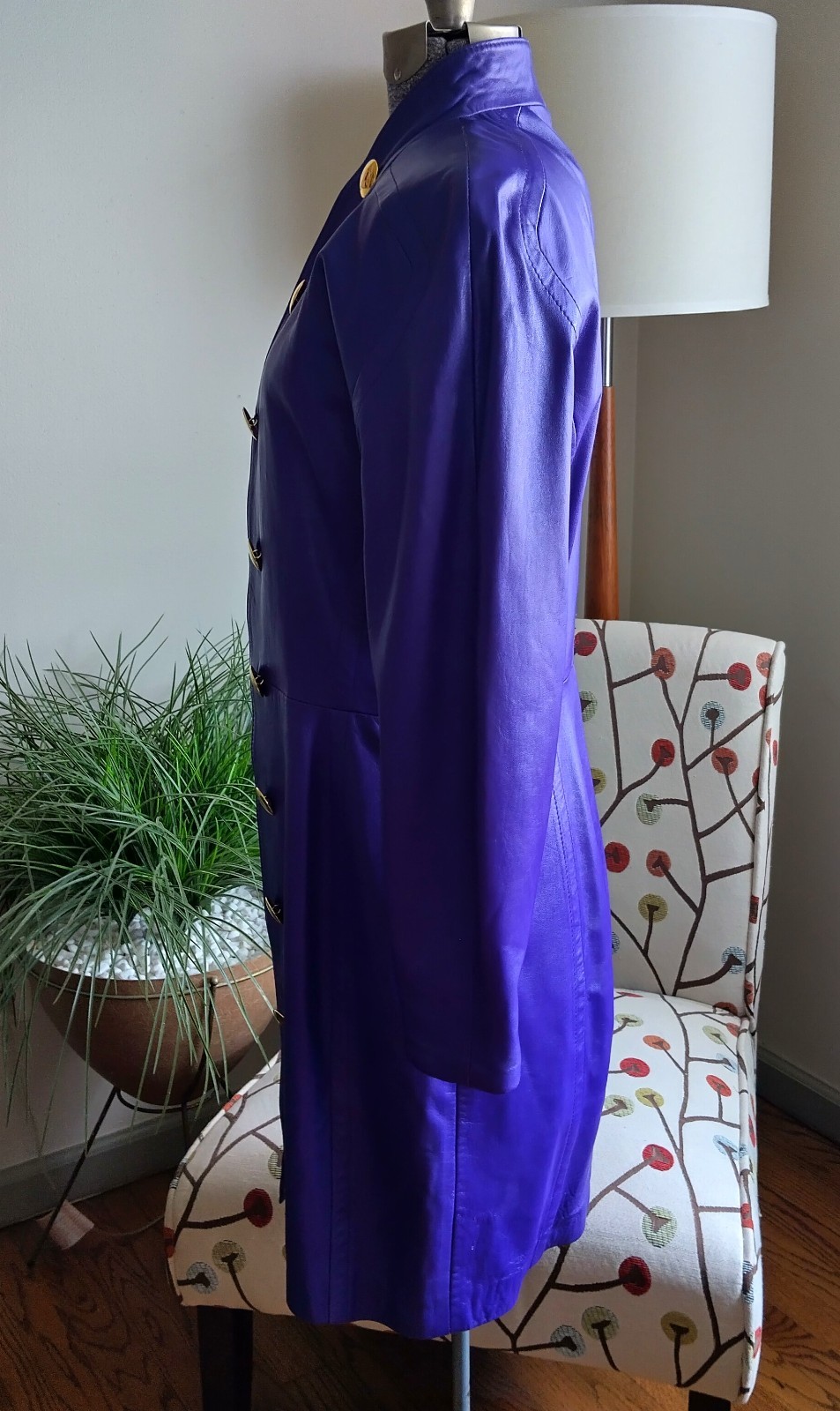 1980s Purple Leather Coat Jacket Made in Italy Size 6 Gold Buttons Prince Style