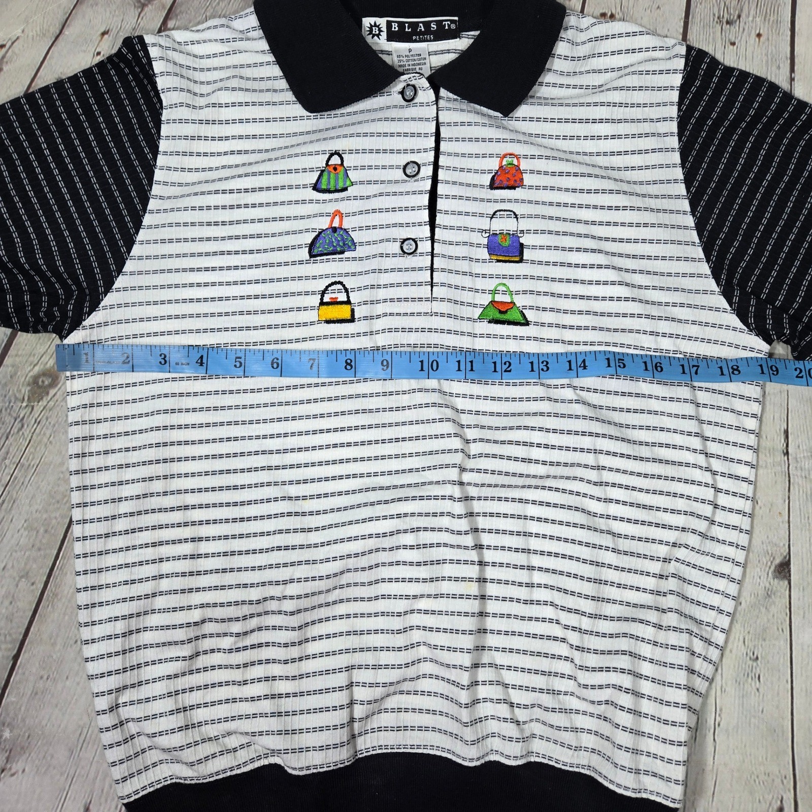 Blast Petites Vintage 90s Striped Polo Shirt Purse Embroidery Black White P