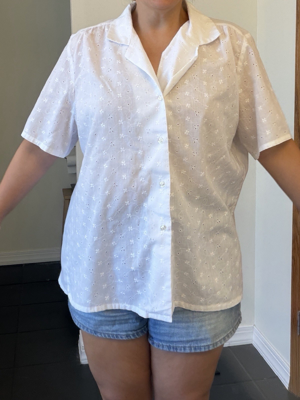 Vintage Lucky Me White Eyelet Camp Collar Blouse – Short Sleeve Button Up Sz L