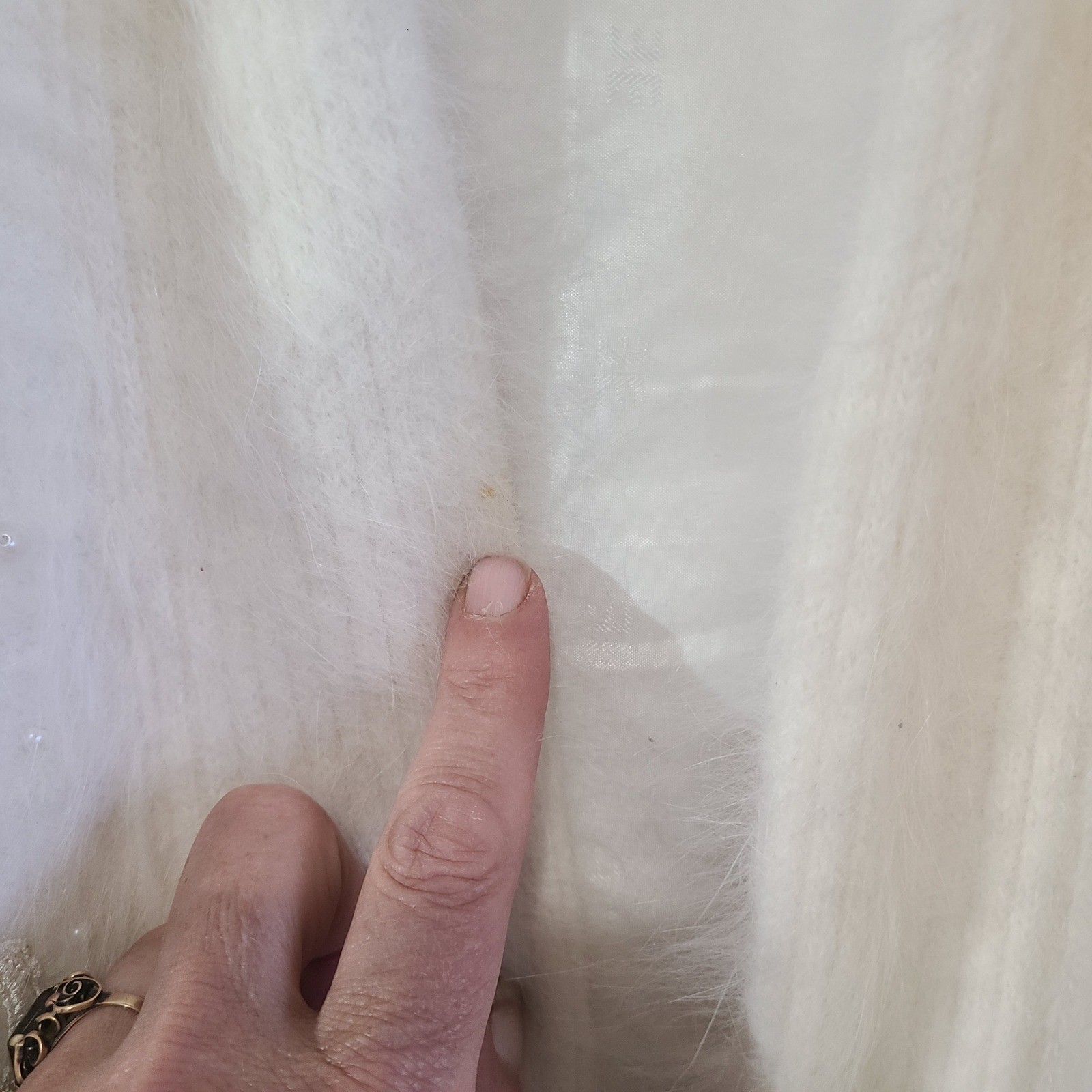 Vintage Lee Sands Angora Rabbit Cardigan Womens L Cream White Beaded Embroidered
