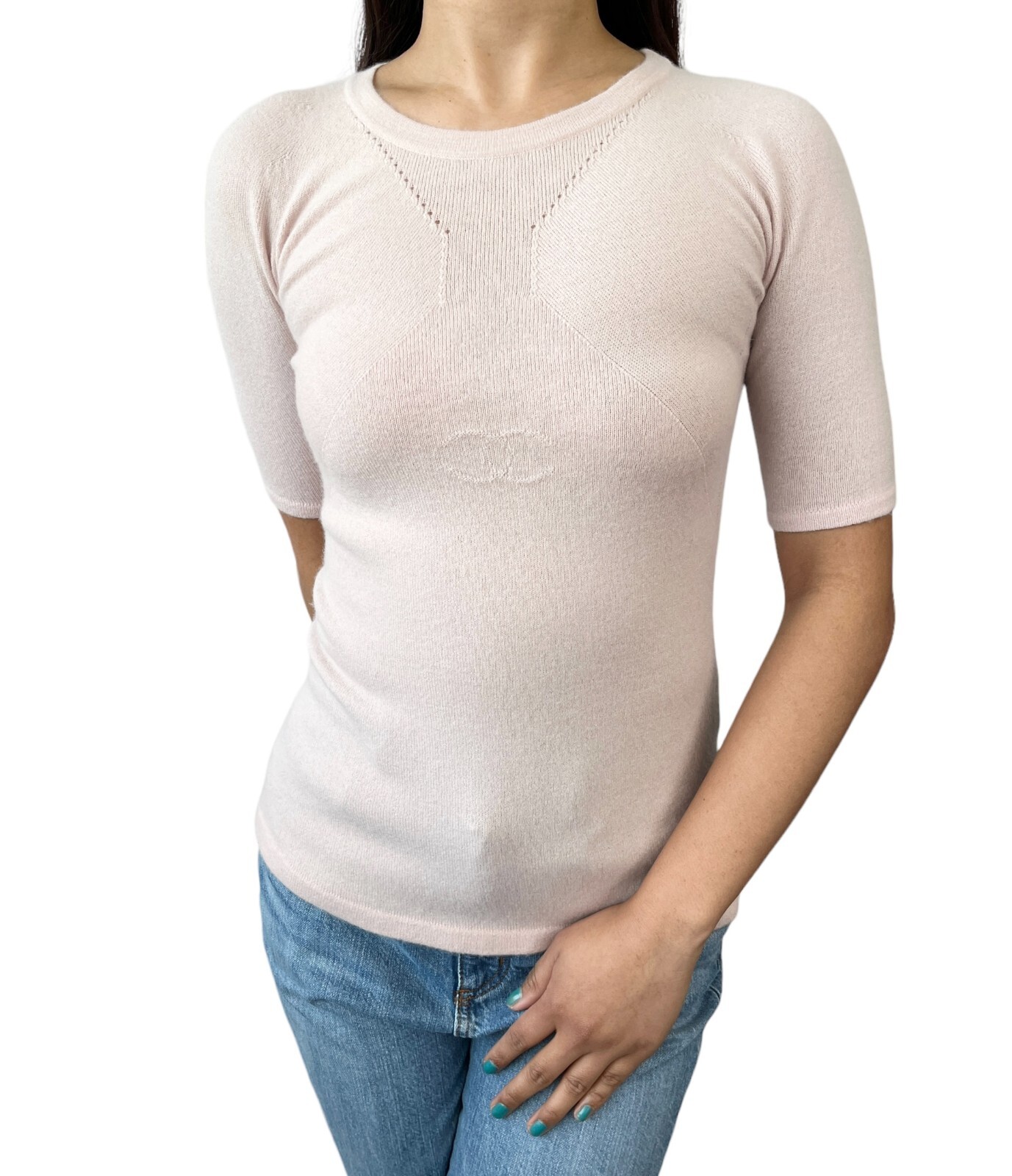 CHANEL Vintage 02A CC Mark Logo Knit T-shirt #38 Top Light Pink Cashmere Rank AB