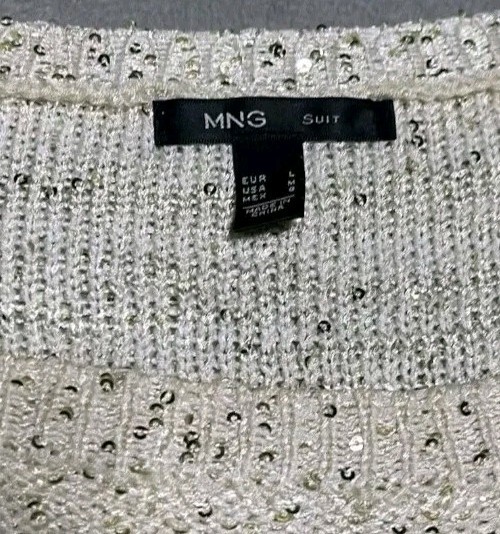 Women’s MANGO Ivory Gold Sequin Oversized Oversized Sweater 3/4 Sleeve