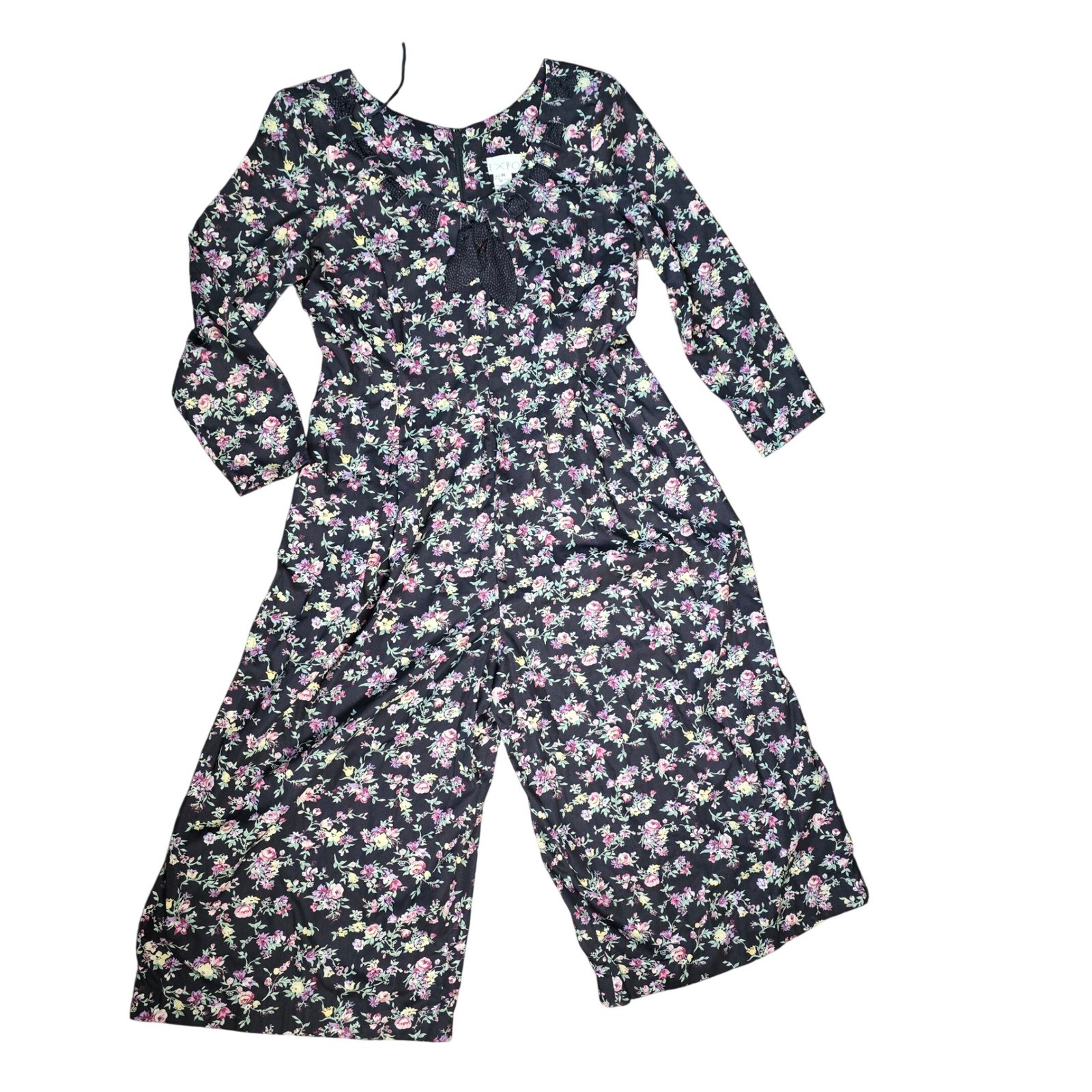 Vtg 90s EXPO Floral Rayon Jumpsuit Made in USA Dark Floral Whimsigoth Size 14