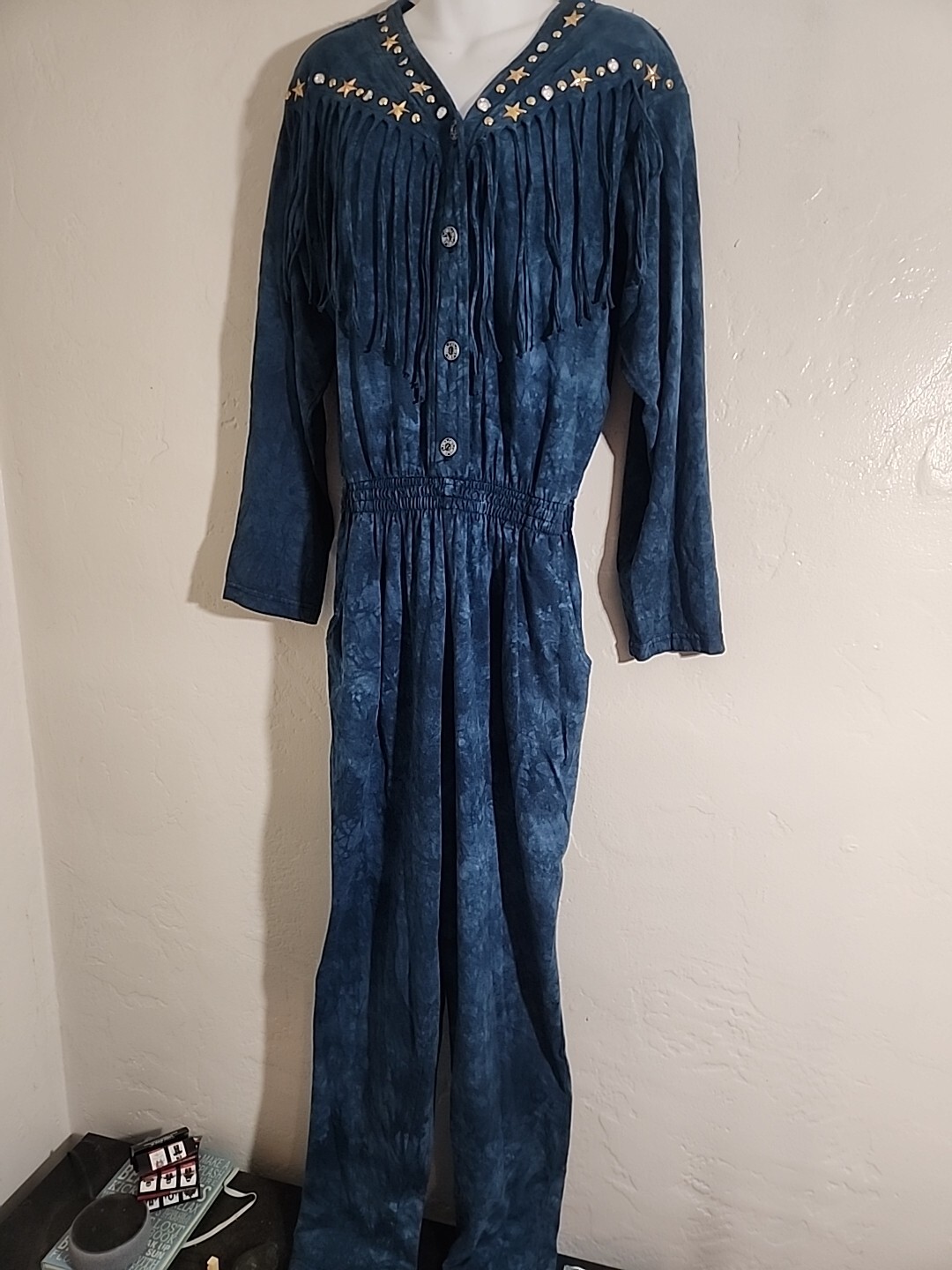 vintage 1980’s jumpsuit blue tye dye med focus embellished fringe 80’s